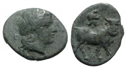 Southern Campania, Neapolis, c. 300-275 BC. Æ (18mm, 4.22g, 7h). Laureate head of Apollo r.; E behind. R/ Man-headed bull walking r.; helmet above. HN...