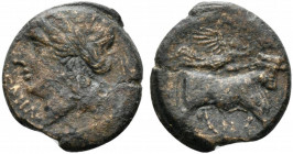 Southern Campania, Neapolis, c. 270-250 BC. Æ (15mm, 4.03g, 12h). Laureate head of Apollo l. R/ Man-headed bull standing r., being crowned by Nike who...