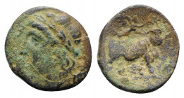 Southern Campania, Neapolis, c. 270-250 BC. Æ (19mm, 2.81g, 6h). Laureate head of Apollo l. R/ Man-headed bull standing r., being crowned by Nike who ...