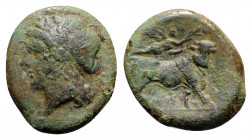 Southern Campania, Neapolis, c. 270-250 BC. Æ (20.5mm, 5.55g, 1h). Laureate head of Apollo l. R/ Man-headed bull standing r., being crowned by Nike wh...