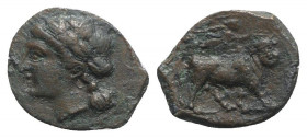 Southern Campania, Neapolis, c. 250-225 BC. Æ (15mm, 1.92g, 11h). Laureate head of Apollo l. R/ Man-headed bull walking r.; above, Nike flying r., pla...