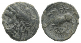 Northern Apulia, Arpi, c. 325-275 BC. Æ (16mm, 3.03g, 12h). Laureate head of Zeus l. R/ Horse rearing l.; star above, monogram below. HNItaly 644; SNG...