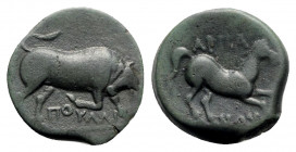 Northern Apulia, Arpi, c. 275-250 BC. Æ (18mm, 5.42g, 3h). Poullos, magistrate. Bull charging r. R/ Horse galloping r. HNItaly 645; SNG ANS 640-3. Gre...