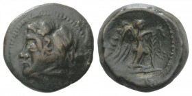 Northern Apulia, Ausculum, c. 240 BC. Æ (19mm, 4.82g, 12h). Head of young Herakles l., in lion's skin, club behind neck. R/ Nike standing r., holding ...