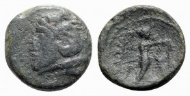 Northern Apulia, Ausculum, c. 240 BC. Æ (17.5mm, 5.42g, 6h). Head of young Herakles l., in lion's skin, club behind neck. R/ Nike standing r., holding...