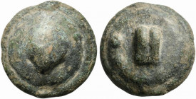 Northern Apulia, Luceria, c. 220 BC. Cast Æ Biunx (33mm, 70.66g). Scallop shell. R/ Astragalos; L to r., two pellets to l. Vecchi, ICC, 341; HNItaly 6...