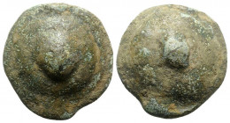 Northern Apulia, Luceria, c. 225-217 BC. Cast Æ Biunx (38mm, 71.77g). Scallop shell. R/ Astragalos; L to r., two pellets to l. Vecchi, ICC, 341; HNIta...