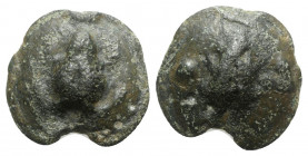 Northern Apulia, Luceria, c. 217-212 BC. Cast Æ Uncia (20mm, 9.60g). Frog. R/ Corn-ear; in field, pellet. Vecchi, ICC 349; HNItaly 677e; SNG ANS -. Gr...