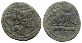 Northern Apulia, Teate, c. 225-200 BC. Æ Quincunx (25mm, 12.15g, 9). Head of Athena r., wearing crested Corinthian helmet. R/ Owl standing r. on Ionic...