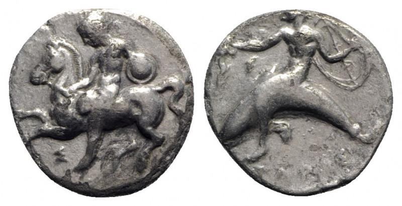 Southern Apulia, Tarentum, c. 400-390 BC. AR Nomos (21mm, 7.04g, 8h). Warrior, w...