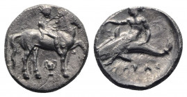 Southern Apulia, Tarentum, c. 380-340 BC. AR Nomos (20mm, 7.45g, 3h). Nude youth on horseback r.; kantharos below; Θ below foreleg. R/ Phalanthos on d...