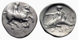 Southern Apulia, Tarentum, c. 365-355 BC. AR Nomos (21mm, 7.83g, 3h). Nude youth, holding rein in r. hand, on horse trotting r.; A below. R/ Phalantho...