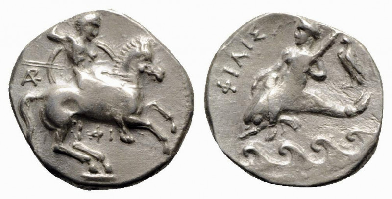 Southern Apulia, Tarentum, c. 332-302 BC. AR Nomos (21mm, 7.79g, 10h). Warrior, ...