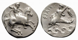 Southern Apulia, Tarentum, c. 332-302 BC. AR Nomos (21mm, 7.79g, 10h). Warrior, holding shield and two spears, preparing to cast a third, on horseback...