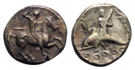 Southern Apulia, Tarentum, c. 290-281 BC. AR Nomos (20mm, 7.93g, 9h). Warrior, holding shield and two spears, preparing to cast a third, on horseback ...