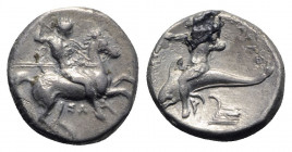 Southern Apulia, Tarentum, c. 290-281 BC. AR Nomos (20mm, 7.65g, 2h). Warrior, holding shield and two spears, preparing to cast a third, on horseback ...