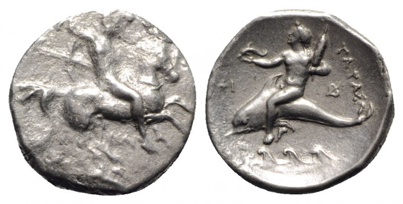 Southern Apulia, Tarentum, c. 332-302 BC. AR Nomos (21mm, 7.45g, 3h). Warrior, h...