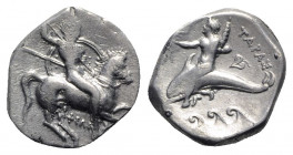 Southern Apulia, Tarentum, c. 290-281 BC. AR Nomos (20mm, 7.86g, 3h). Warrior, holding shield and two spears, preparing to cast a third, on horseback ...
