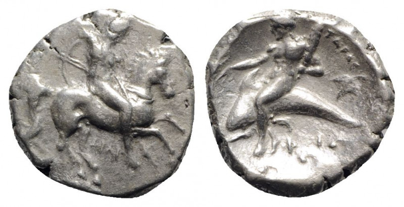 Southern Apulia, Tarentum, c. 290-281 BC. AR Nomos (21mm, 7.77g, 9h). Warrior, h...