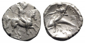 Southern Apulia, Tarentum, c. 290-281 BC. AR Nomos (21mm, 7.77g, 9h). Warrior, holding shield and two spears, preparing to cast a third, on horseback ...