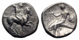 Southern Apulia, Tarentum, c. 332-302 BC. AR Nomos (21mm, 7.63g, 1h). Warrior, holding shield and two spears, preparing to cast a third, on horseback ...