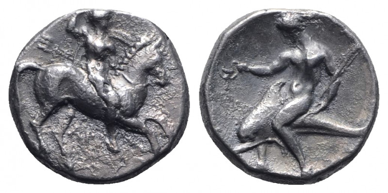 Southern Apulia, Tarentum, c. 330-302 BC. AR Nomos (20mm, 7.79g, 9h). Warrior on...