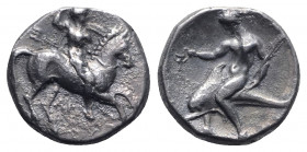Southern Apulia, Tarentum, c. 330-302 BC. AR Nomos (20mm, 7.79g, 9h). Warrior on horseback r., holding shield, two lances, and spear; Ξ to l., API bel...