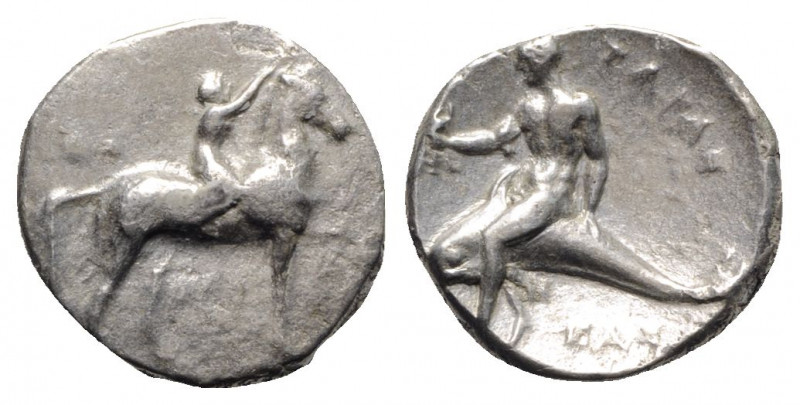 Southern Apulia, Tarentum, c. 302-280 BC. AR Nomos (20mm, 7.80g, 4h). Youth on h...