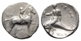 Southern Apulia, Tarentum, c. 302-280 BC. AR Nomos (20mm, 7.80g, 4h). Youth on horseback r., crowning horse; ΣA to l., APE/ΘΩN in two lines below. R/ ...