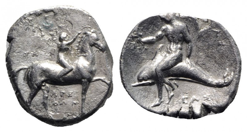 Southern Apulia, Tarentum, c. 302-280 BC. AR Nomos (18mm, 7.54g, 9h). Youth on h...