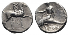 Southern Apulia, Tarentum, c. 302-280 BC. AR Nomos (19mm, 7.72g, 1h). Youth on horseback r., crowning horse; AΓΩ to l., KPAT/INOΣ below. R/ Phalanthos...