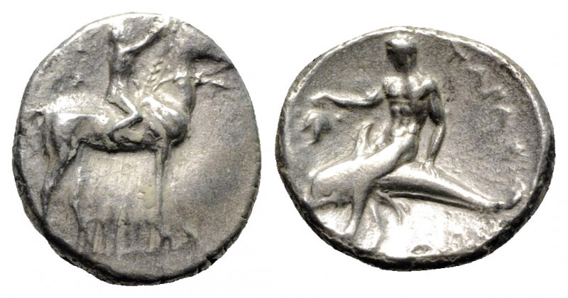 Southern Apulia, Tarentum, c. 302-280 BC. AR Nomos (19mm, 7.64g, 3h). Youth on h...