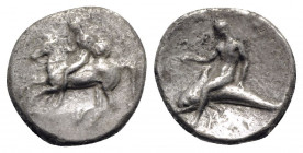 Southern Apulia, Tarentum, c. 302-280 BC. AR Nomos (22mm, 6.87g, 1h). Nude youth, holding shield and rein, on horseback l., ΦIΛOKΛHΣ below. R/ Phalant...