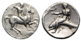 Southern Apulia, Tarentum, c. 302-280 BC. AR Nomos (21mm, 6.67g, 9h). Warrior on horseback r., holding shield and two spears, preparing to cast a thir...