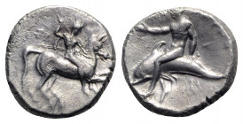 Southern Apulia, Tarentum, c. 302-280 BC. AR Nomos (20mm, 7.78g, 3h). Warrior on horseback r., holding shield and two spears, preparing to cast a thir...