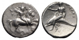 Southern Apulia, Tarentum, c. 302-280 BC. AR Nomos (21mm, 7.59g, 9h). Warrior on horseback r., holding shield and two spears, preparing to cast a thir...
