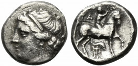 Southern Apulia, Tarentum. Campano-Tarentine series, c. 281-272 BC. AR Didrachm (16mm, 7.08g, 9h). Diademed head of Satyra l., wearing triple-pendant ...