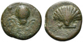 Southern Apulia, Tarentum, c. 275-200 BC. Æ (11mm, 2.03g, 7h). Octopus. R/ Shell. HNItaly 1095; SNG Copenhagen 1089. Very Rare, near VF