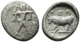 Northern Lucania, Poseidonia, c. 445-420 BC. AR Obol (6.5mm, 0.30g, 12h). Poseidon standing r. R/ Bull standing l. HNItaly 1121; SNG ANS 642-4. VF
