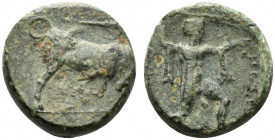 Northern Lucania, Poseidonia, 350-290 BC. Æ (11mm, 2.54g, 7h). Poseidon standing r., holding trident and wearing chlamys. R/ Bull butting r.; above, c...