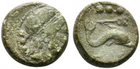 Northern Lucania, Paestum, c. 218-201 BC. Æ Quadrans (13mm, 4.40g, 3h). Laureate head of Poseidon r. R/ Dolphin r.; above, caduceus r. Crawford 7/2; H...