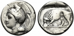 Northern Lucania, Velia, c. 334-300 BC. AR Didrachm (18mm, 7.05g, 9h). Helmeted head of Athena l., helmet decorated with sphinx; monogram behind neck ...