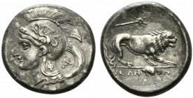 Northern Lucania, Velia, c. 280 BC. AR Stater (20mm, 6.69g, 9h). Helmeted head of Athena l., Φ on neck flap; monogram behind neck. R/ Lion standing r....