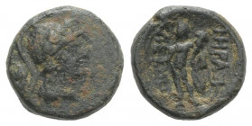 Southern Lucania, Herakleia, 3rd-1st centuries BC. Æ (12mm, 2.37g, 6h). Helmeted head of Athena r.; pelta to l. R/ Herakles standing r., holding phial...