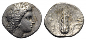 Southern Lucania, Metapontion, c. 325-275 BC. AR Stater (22mm, 7.38g, 6h). Head of Demeter r., wearing grain-ear wreath and earring. R/ Barley ear, le...