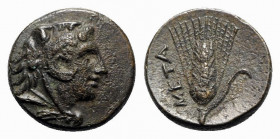 Southern Lucania, Metapontion, c. 300-250 BC. Æ (13mm, 2.74g, 12h). Head of Herakles r., wearing lion's skin headdress. R/ Ear of barley. Johnston Bro...