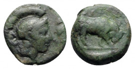Southern Lucania, Thourioi, c. 435-410/05 BC. Æ (15mm, 3.64g, 6h). Helmeted head of Athena r. R/ Bull walking r. Cf. HNItaly 1904. Green patina, Good ...