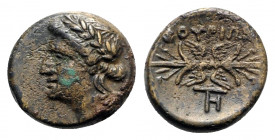 Southern Lucania, Thourioi, c. 280-213 BC. Æ (14mm, 3.36g, 9h). Laureate head of Apollo l. R/ Winged thunderbolt; monogram below. HNItaly 1927; SNG AN...
