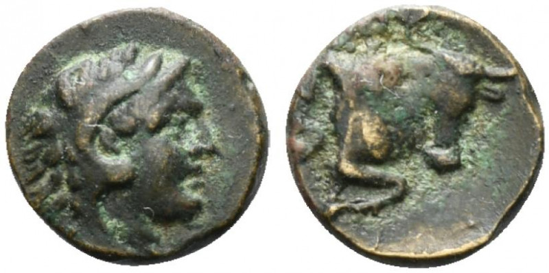 Southern Lucania, Thourioi, c. 280-213 BC. Æ (10mm, 1.24g, 4h). Head of Herakles...