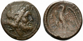 Bruttium, The Brettii, c. 214-211 BC. Æ Unit (22mm, 8.71g, 6h). Laureate head of Zeus r.; grain ear behind. R/ Eagle standing l., with wings spread; c...